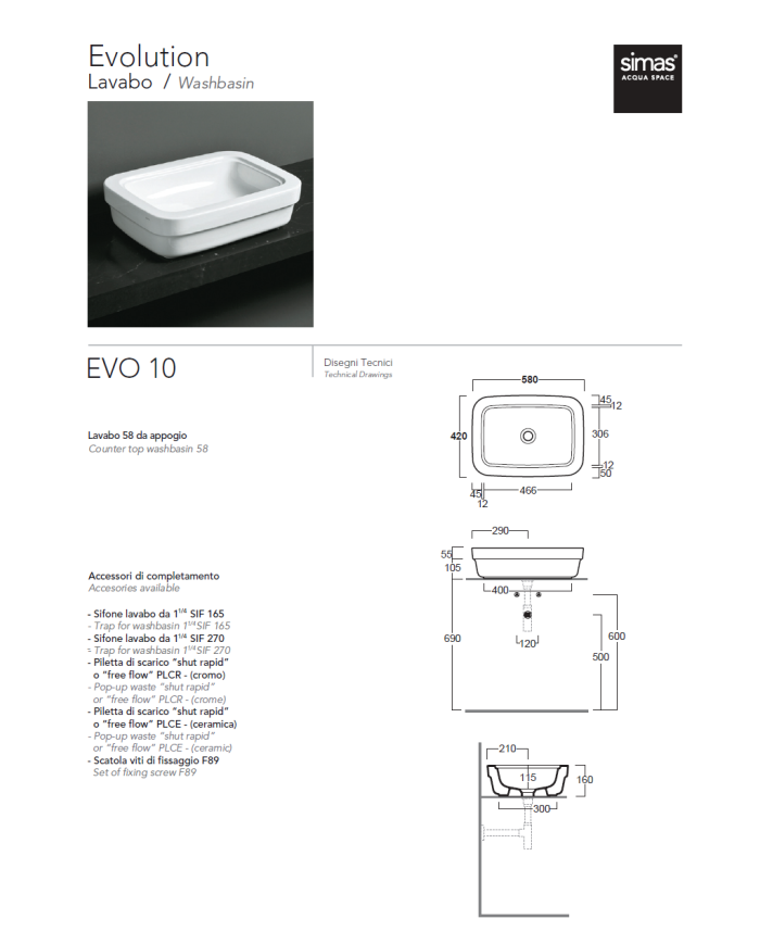 Lavabo suspendu Simas | Céramique italienne 58 cm