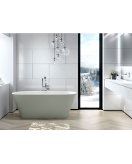 Baignoire Vetralla Victoria+Albert en pierre blanche, design ovale élégant, robinetterie moderne.