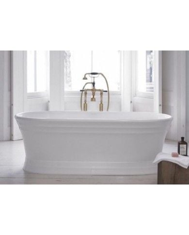 Baignoire Worcester Victoria Albert blanche en forme ovale, robinetterie dorée, design rétro élégant.