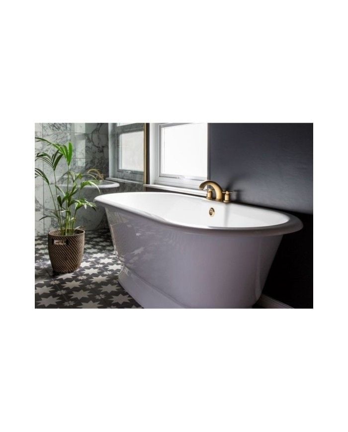 Baignoire York Victoria Albert en fonte blanche, design rétro élégant, robinetterie dorée, salle de bain haut de gamme.