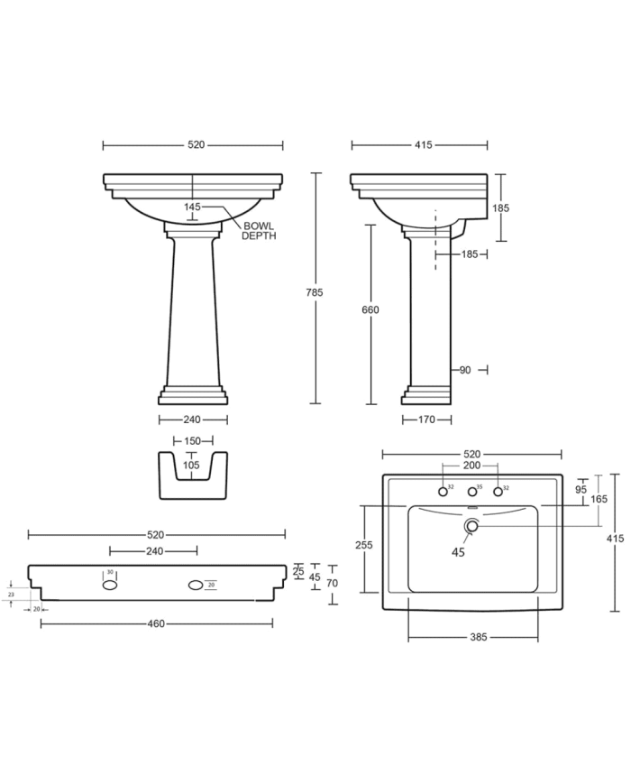 Petit Lavabo 520mm colonne Astoria Deco Imperial