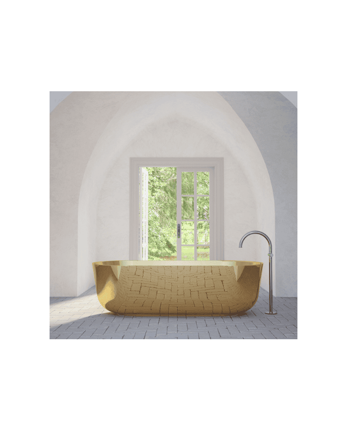 Baignoire ZEN Bleu Provence en bois doré, forme ovale, robinetterie chromée, salle de bain élégante.