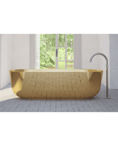 Baignoire ZEN Bleu Provence en céramique jaune mate, design ovale, robinetterie chromée.