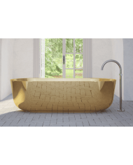 Baignoire ZEN Bleu Provence en céramique jaune mate, design ovale, robinetterie chromée.