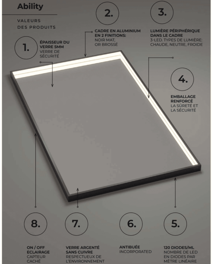 miroir led ability ledimex | 2 finitions élégantes