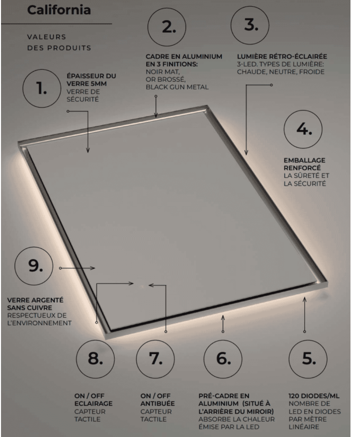 Miroir LED California | Éclairage 3 teintes antibuée