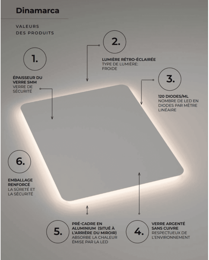 Miroir LED Dinamarca | Éclairage doux 6500K