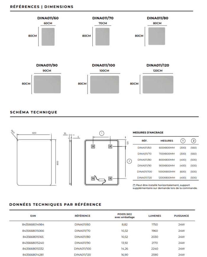 Miroir LED Dinamarca | Éclairage doux 6500K