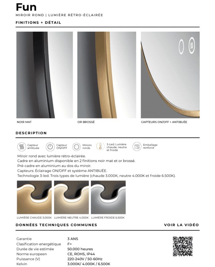 miroir led retroéclairé ledimex | antibuée & éclairage 3 teintes