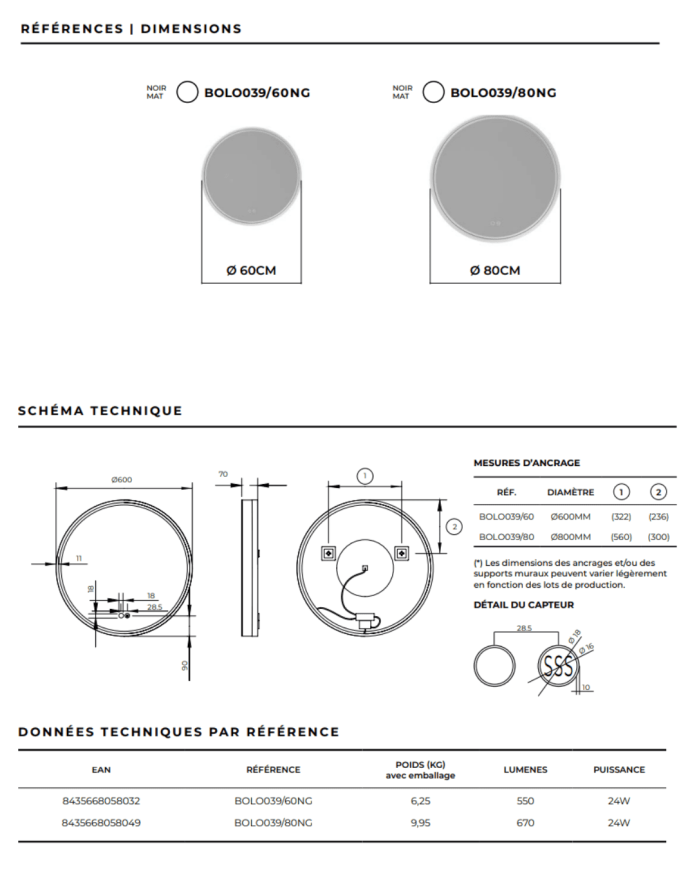 miroir rond ledimex | Noir Mat Antibuée LED
