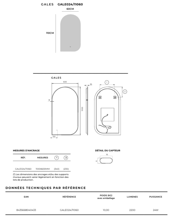 miroir led elliptique ledimex | éclairage intégré antibuée
