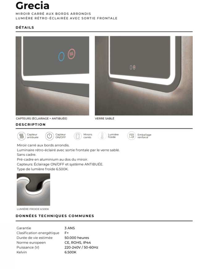 miroir led salle de bain grecia | LEDIMEX 6 tailles