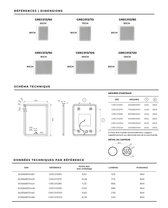 miroir led salle de bain grecia | LEDIMEX 6 tailles