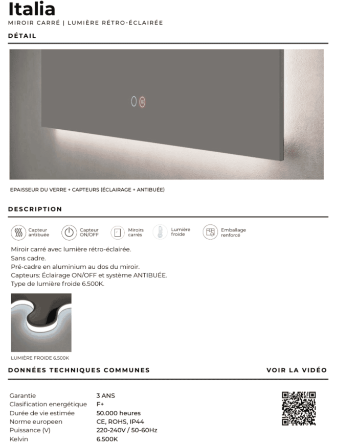 Miroir LED salle de bain Italia | LEDIMEX antibuée