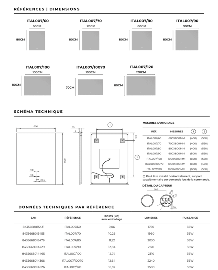 Miroir LED salle de bain Italia | LEDIMEX antibuée