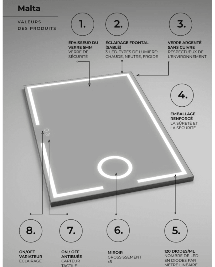 miroir led malta | Éclairage 3 LED & antibuée