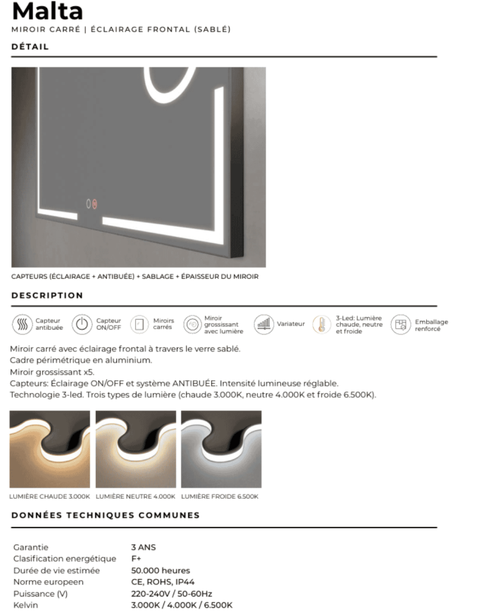 miroir led malta | Éclairage 3 LED & antibuée