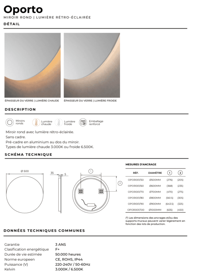 miroir rond ledimex | Rétroéclairage LED salle de bain