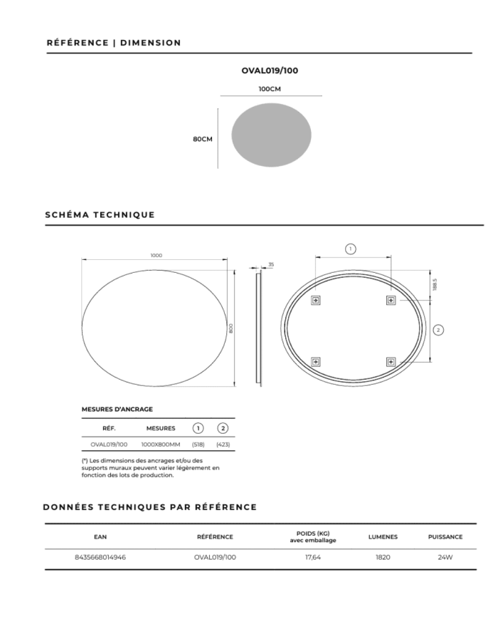 miroir ovale ledimex | Rétroéclairage LED 80x100cm