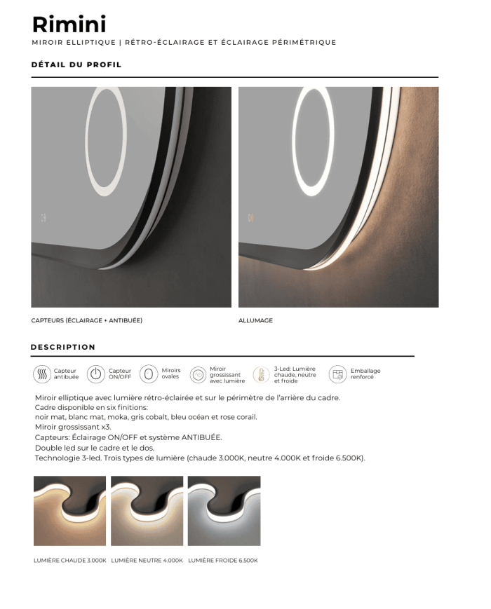 miroir led rimini | 6 finitions élégantes LEDIMEX
