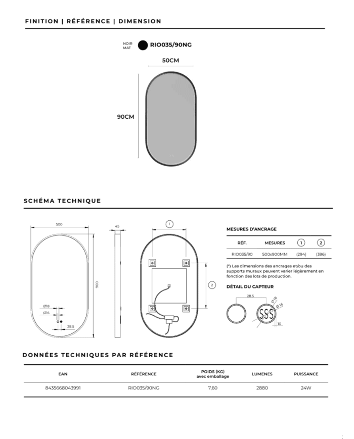 Miroir salle de bain LED noir | Rio LEDIMEX 90x50cm