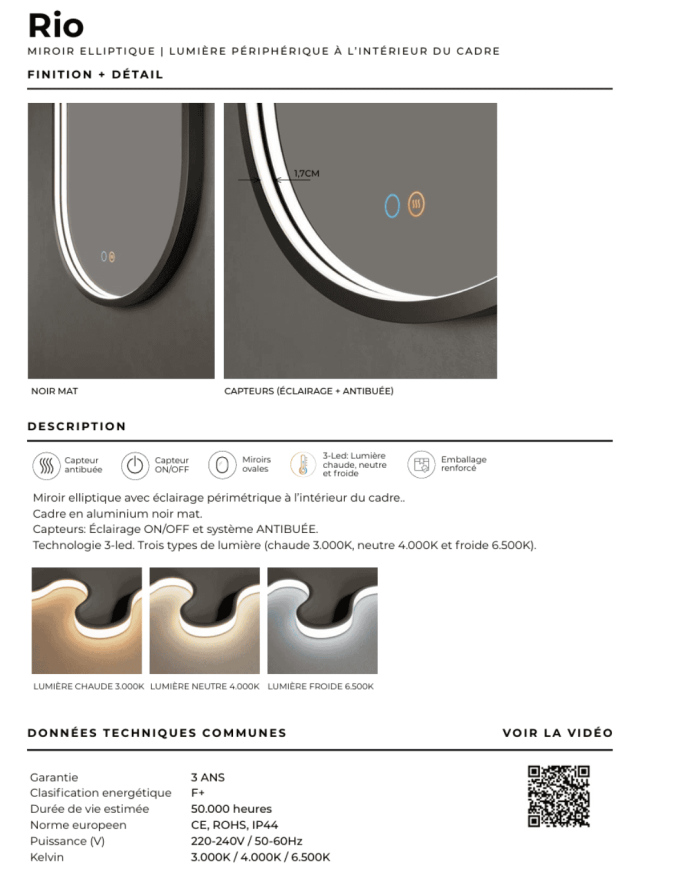 Miroir salle de bain LED noir | Rio LEDIMEX 90x50cm