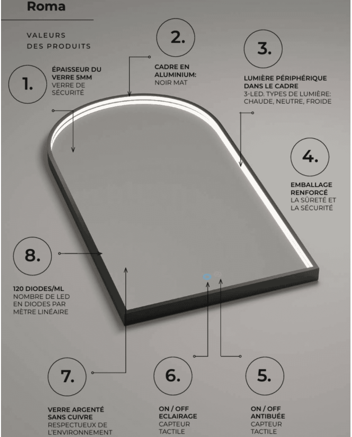 Miroir salle de bain LED noir | Design arche 60x110