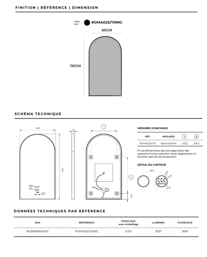 Miroir salle de bain LED noir | Design arche 60x110