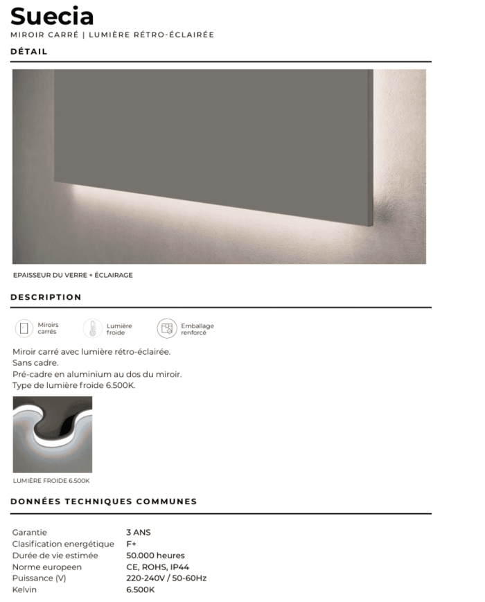 Miroir LED Suecia | Éclairage froid 6500K sans cuivre