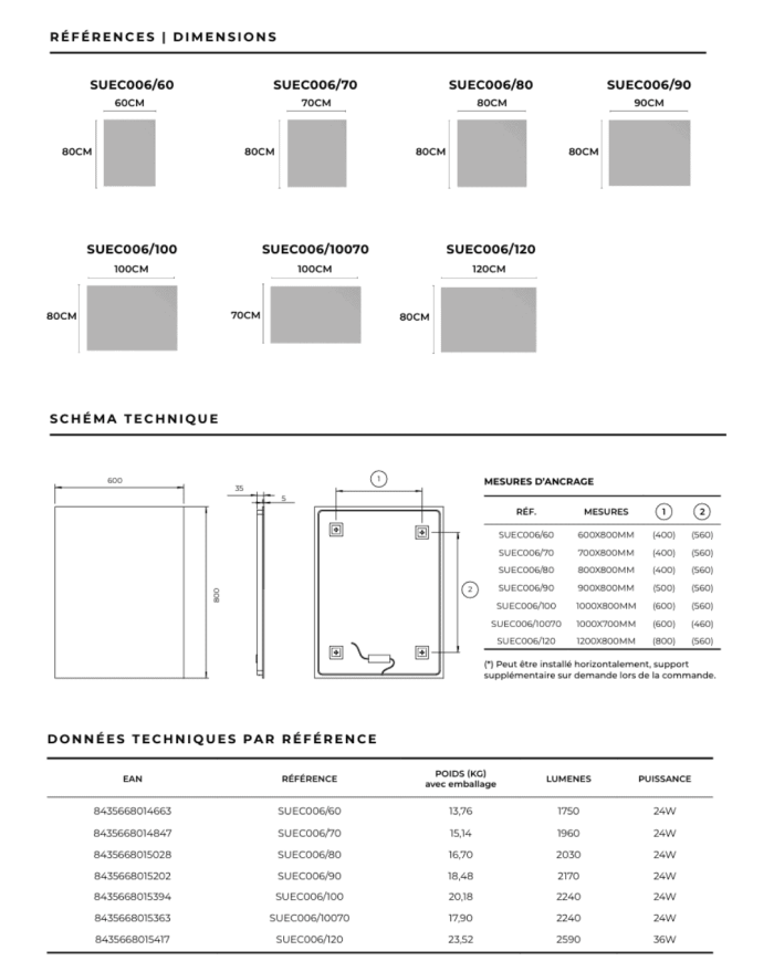 Miroir LED Suecia | Éclairage froid 6500K sans cuivre