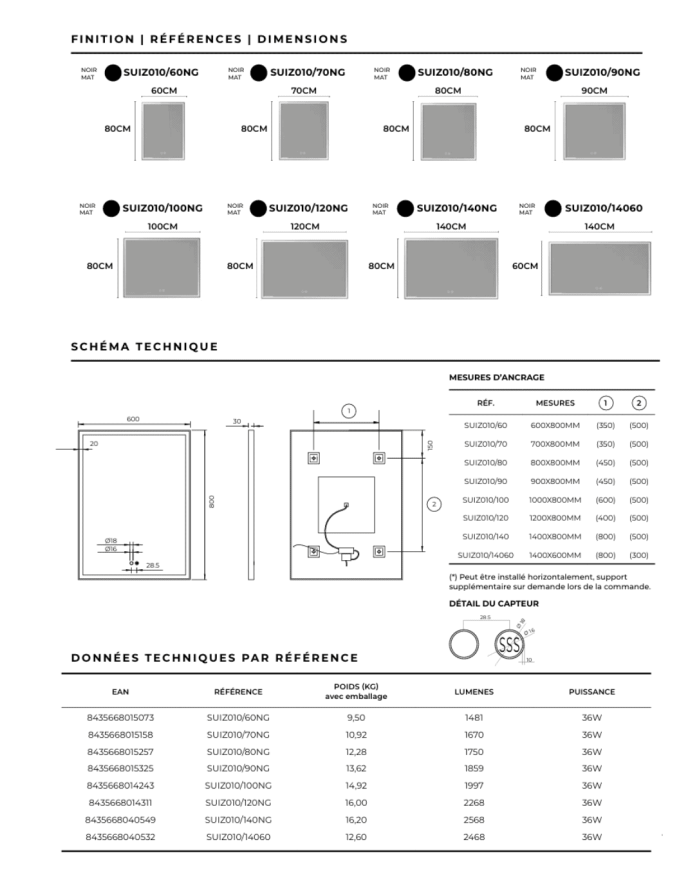 miroir led suisse noir | LEDIMEX éclairage réglable