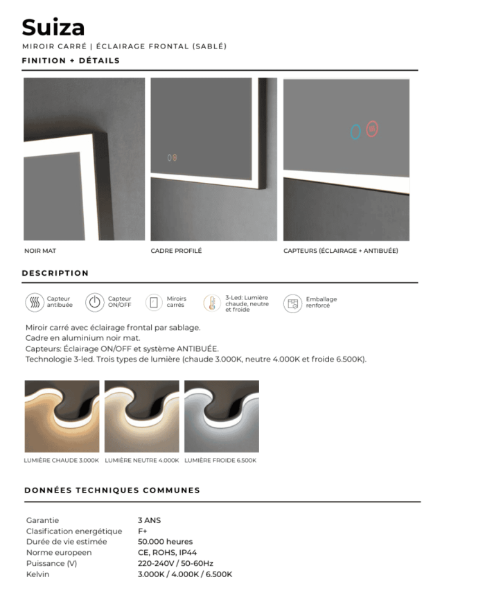 miroir led suisse noir | LEDIMEX éclairage réglable