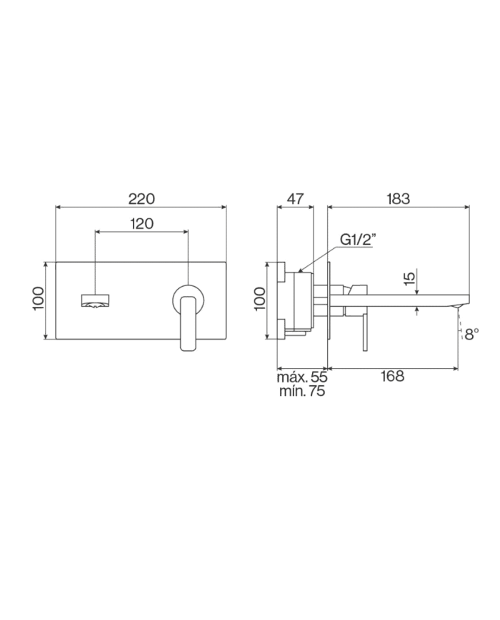 Mélangeur lavabo encastré Cifial Lounge, design moderne, dimensions détaillées, finition élégante.