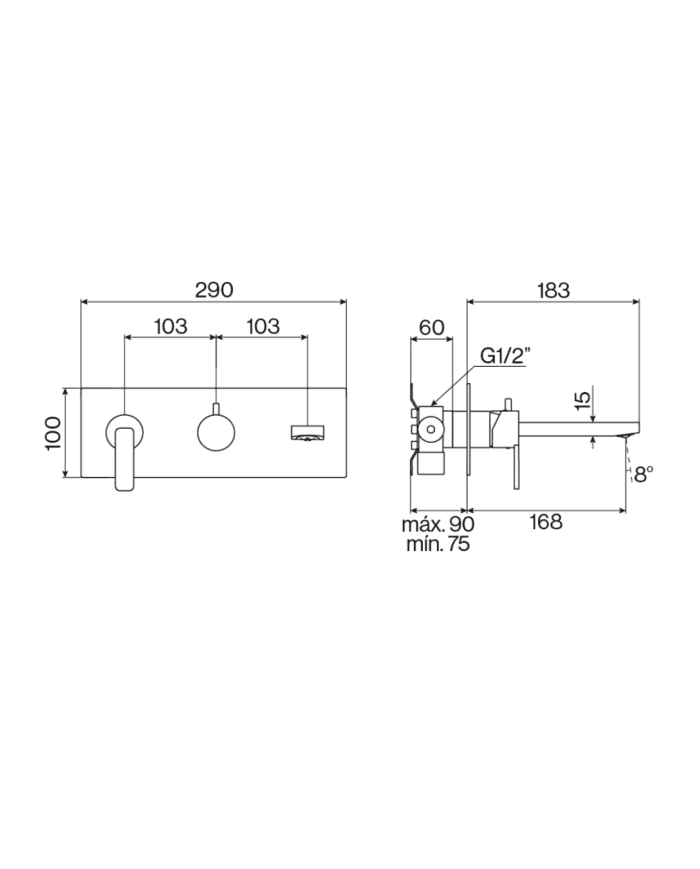 Mélangeur baignoire encastré Lounge - Cifial, schéma technique avec dimensions