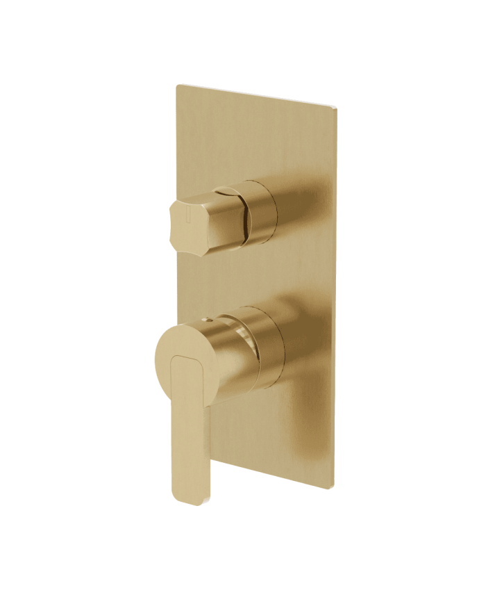 Mitigeur douche 2 sorties Lounge Cifial en finition dorée, design moderne, manettes rondes.