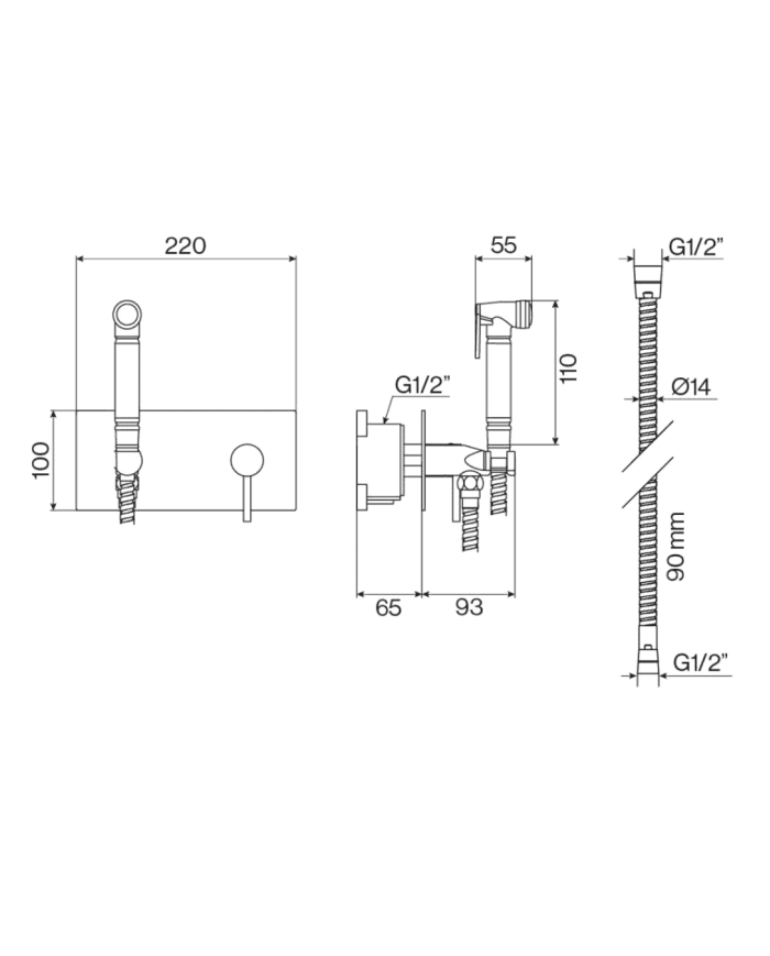Douchette WC rétro Cifial ST25S, design élégant, finition intemporelle, dimensions précises.