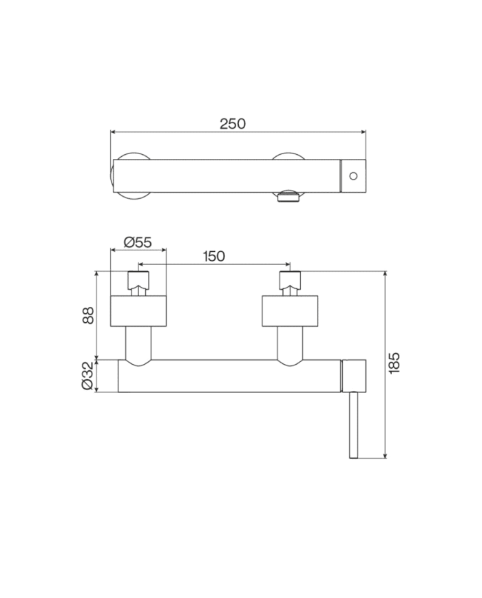 Mélangeur de douche chromé ST25S Cifial, design épuré, robinetterie rétro, dimensions détaillées.