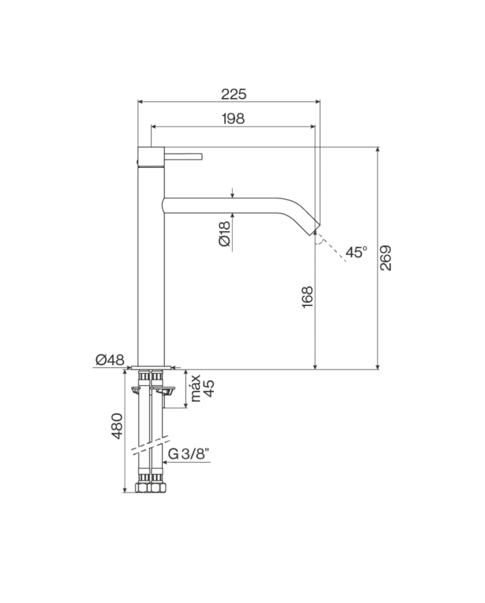 Mitigeur lavabo haut ST25 de Cifial, design élégant, finition chrome, bec incurvé, dimensions précises.