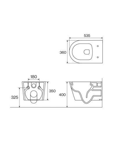 WC suspendu Cifial A2 en céramique blanche, vue technique avec dimensions.