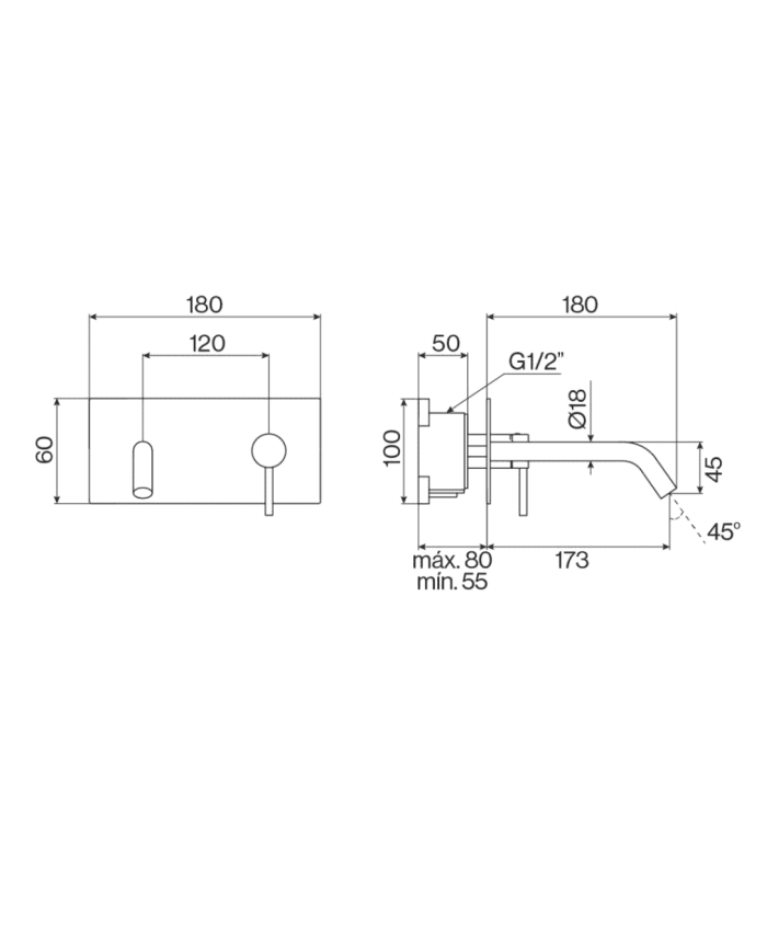 Mitigeur plaque murale ST25 Cifial, dimensions détaillées, design élégant et compact, vue technique.
