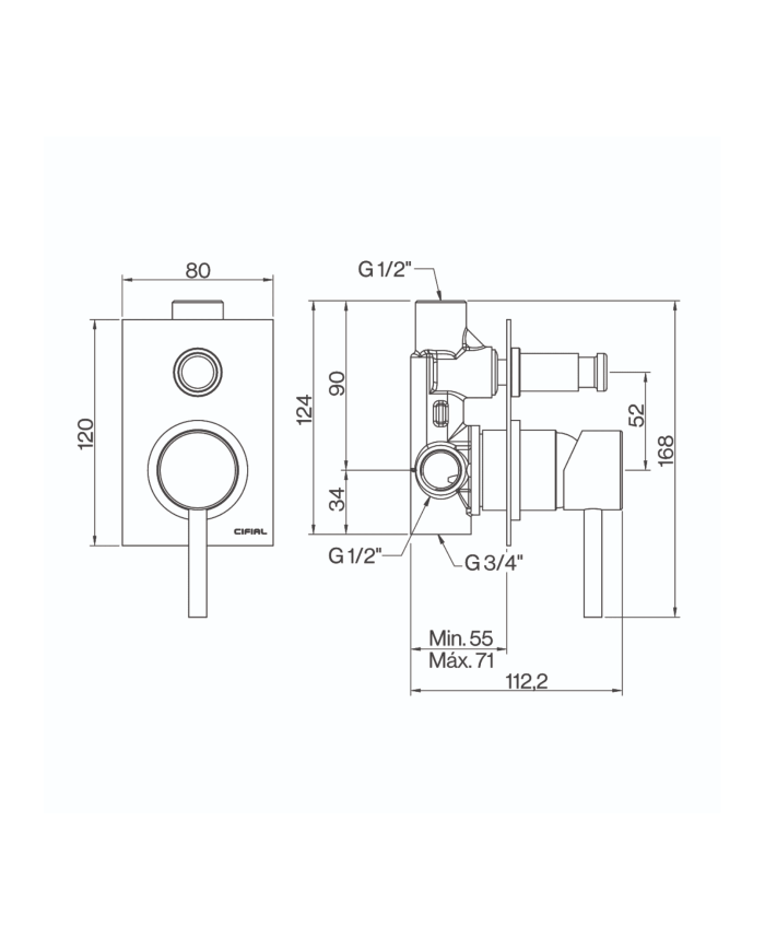Plaque mitigeur douche mural ST25 Cifial, design rectangulaire en finition chromée, Cifial.