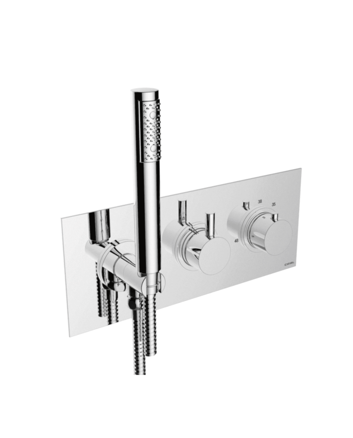 Plaque mitigeur douche thermostatique TS25 Cifial en finition chromée avec pommeau de douche amovible.