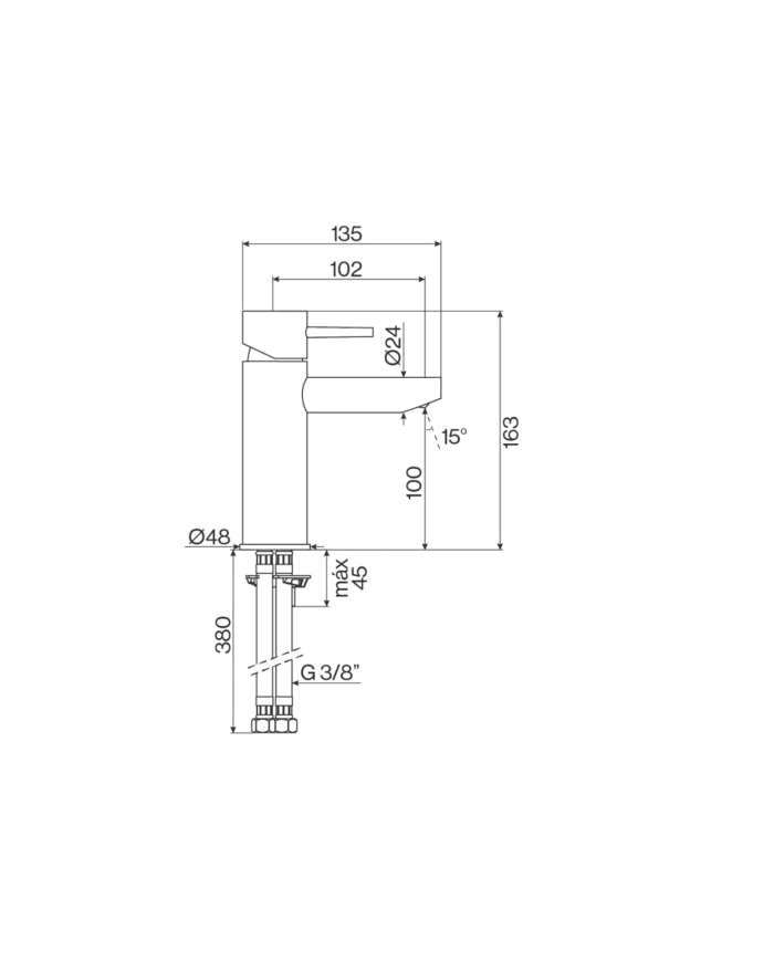 Mélangeur lavabo monotrou A+ City par Cifial, design chromé, dimensions précises, élégant et intemporel.