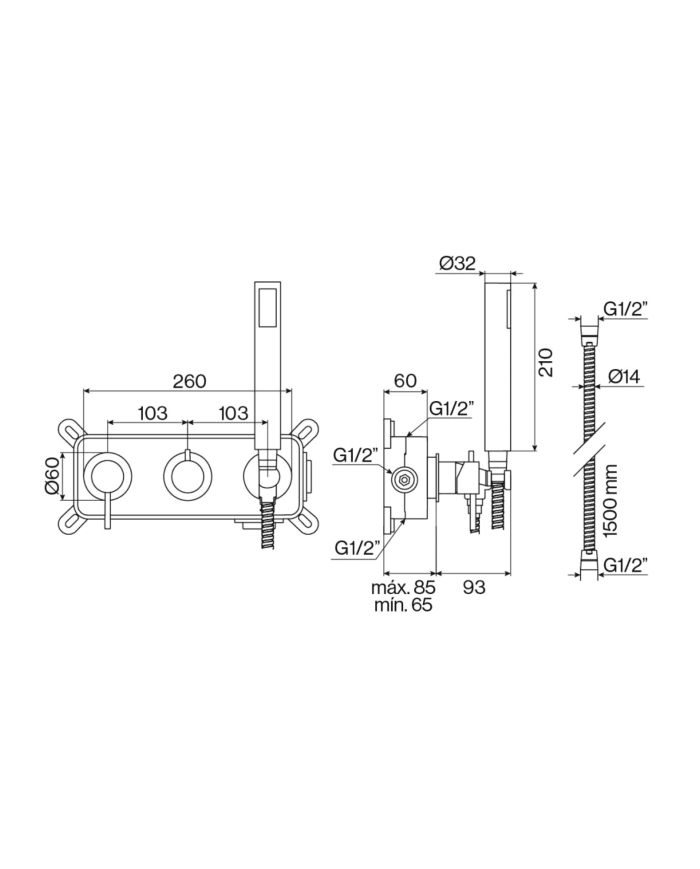 Mitigeur 3 trous encastré douche City Cifial, design élégant, finition chromée, vue technique détaillée.