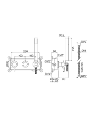 Mitigeur 3 trous encastré douche City Cifial, design élégant, finition chromée, vue technique détaillée.