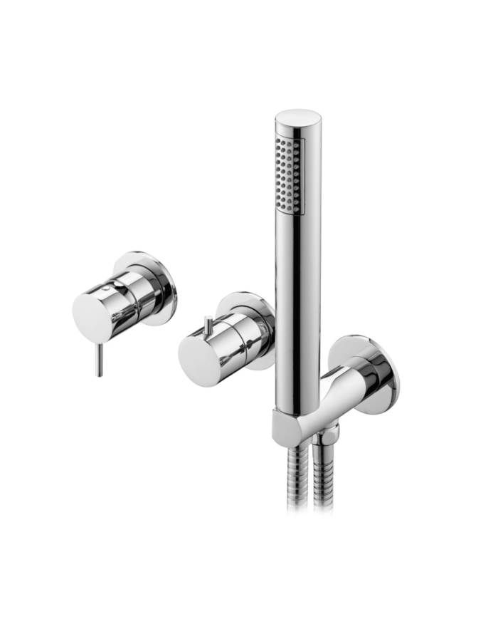 Mitigeur 3 trous encastré douche City Cifial en finition chromée avec pommeau de douche et robinets ronds.