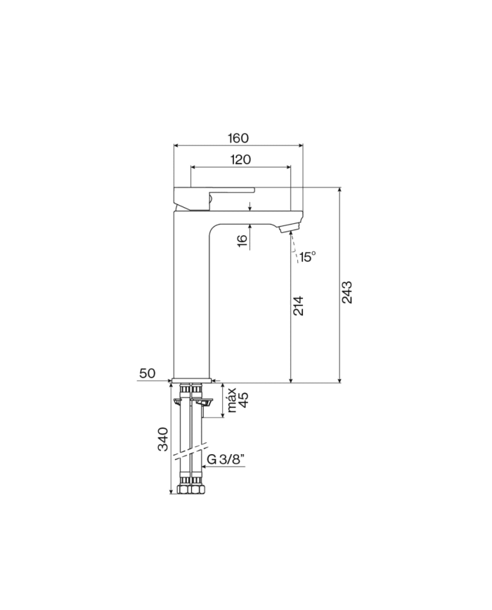 Mélangeur lavabo monocommande Life Cifial, design chromé, dimensions détaillées, installation murale.
