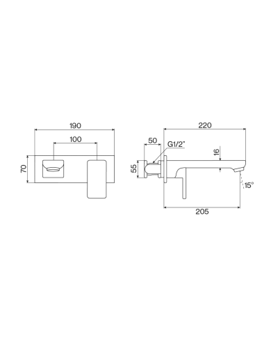 Mélangeur lavabo encastré Life par Cifial, design minimaliste en chrome, dimensions détaillées.