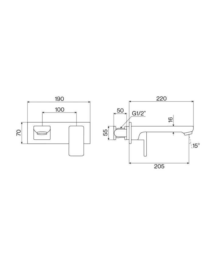Mélangeur lavabo encastré Life par Cifial, design minimaliste en chrome, dimensions détaillées.