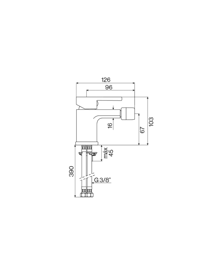 Mélangeur bidet monocommande Life Cifial, design chromé, dimensions détaillées, finition élégante.